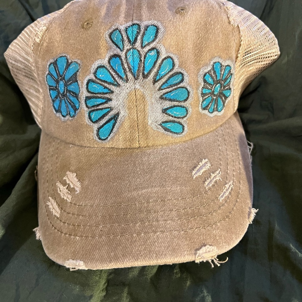 Hand Painted Tan Cap with Turquoise Jewel Design
